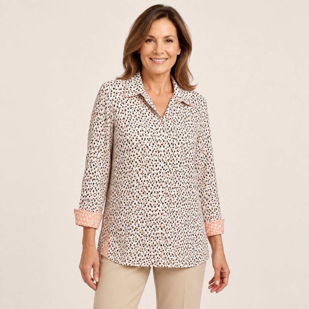 Foxcroft Button Up Shirt 18W Coral Black Dotted Wrinkle Free 3/4 Flip Cuffs